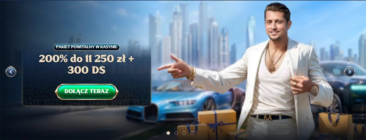 Polish casino welcome banner showing a man in a white suit pointing, with the offer “200% do 11 250 zł + 300 DS” and a green “Dołącz teraz” button over a city-and-cars background.