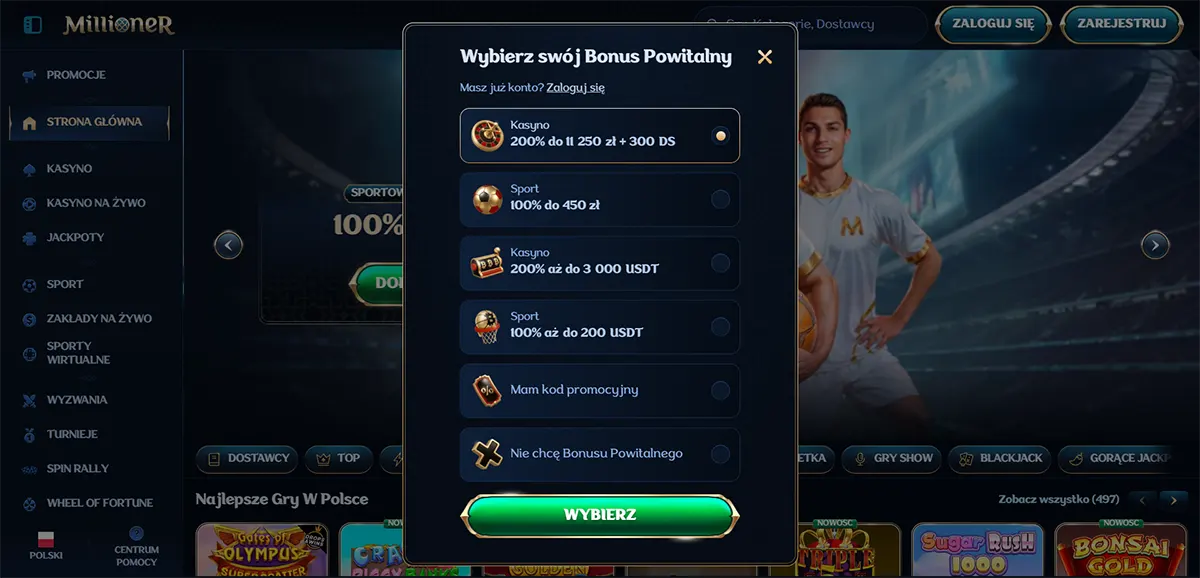 MilliooNER casino screen with a Polish pop-up titled “Wybierz swój Bonus Powitalny,” letting users choose a welcome bonus option (casino or sports, PLN or USDT), with a green “WYBIERZ” button over a dark casino lobby background.